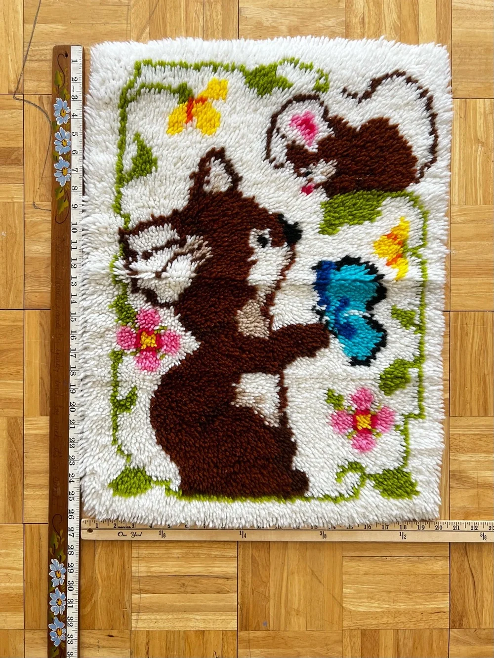 Vintage 70s Latch Hook Bath Mat Wall Hanging Butterfly Flowers Animals Handmade